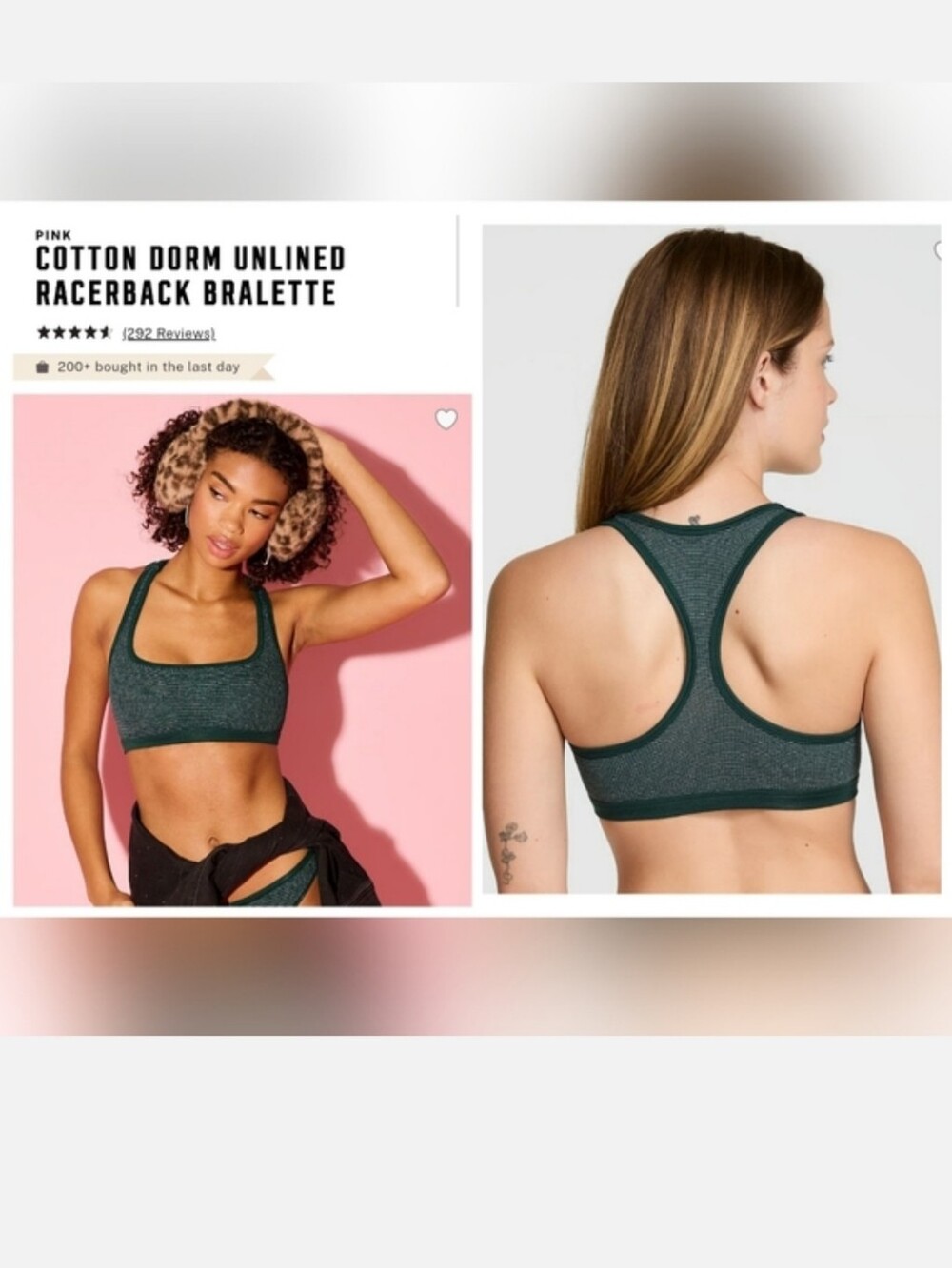 Victoria's Secret Pink Cotton SHIMMER Dorm Unlined Racerback Bralette GREEN